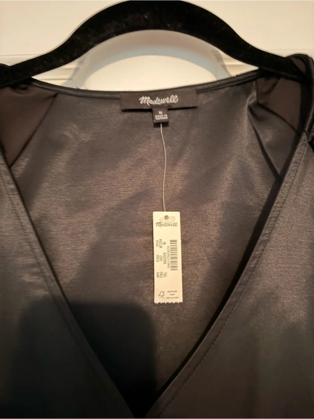 Madewell Black Satin V-Neck Puff Sleeve Blouse